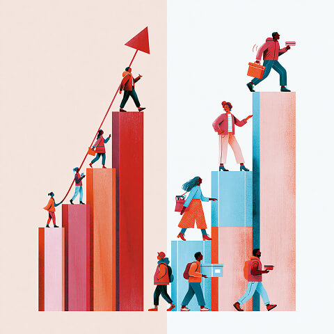 Illustration of customer journey progression, with individuals advancing up strategic milestones that represent increasing customer value and loyalty.