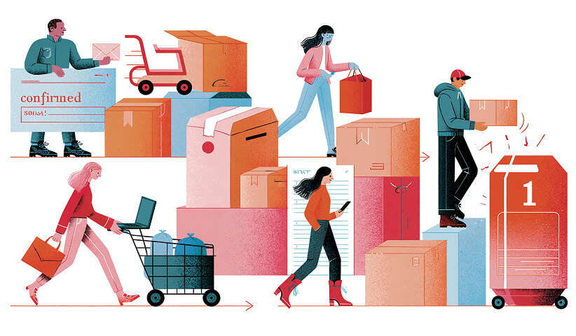 Conceptual illustration of ecommerce fulfillment and post-purchase experience, featuring order confirmation, shipping, delivery, and customer satisfaction throughout the buying journey.