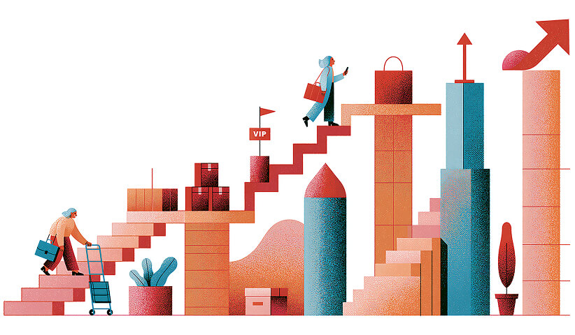 Illustration of a customer loyalty strategy roadmap, mapping each stage from acquisition and onboarding to retention, optimization, advocacy, and long-term business growth.