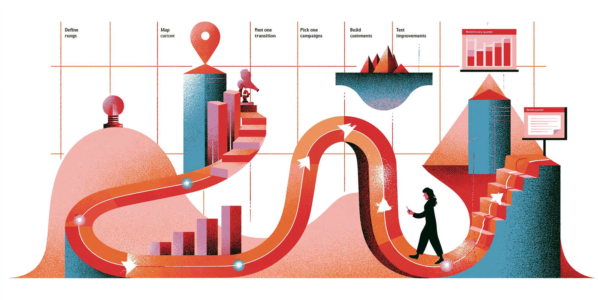 Illustration of customer retention and lifetime value growth, showing individuals advancing through increasingly valuable stages of loyalty supported by engagement, retention, and advocacy strategies.