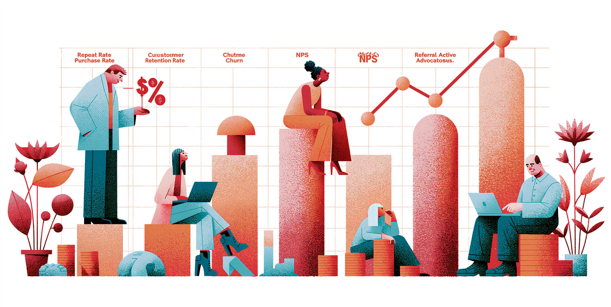 Conceptual illustration of customer loyalty metrics, featuring repeat purchase rate, retention, customer satisfaction, Net Promoter Score (NPS), referrals, and long-term business growth.