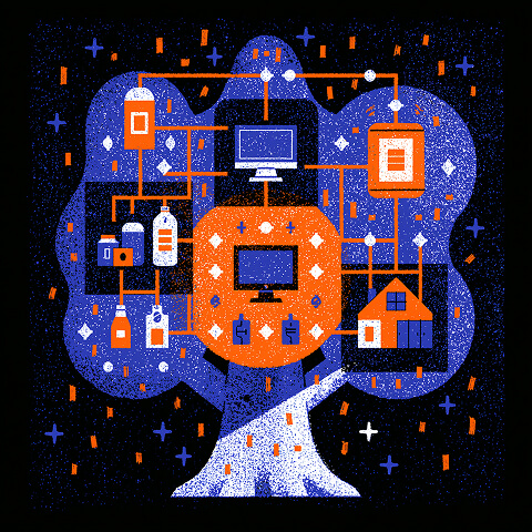 Illustration of a brand touchpoint network with marketing channels, digital products, retail experiences, media, and customer interactions radiating from a central brand platform.