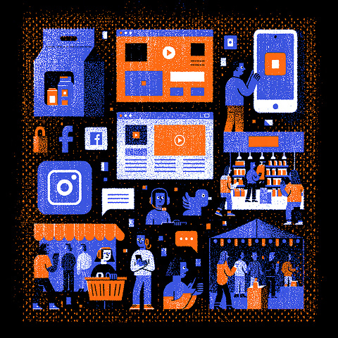 Conceptual illustration of centralized brand infrastructure with connected devices, digital platforms, retail locations, and physical assets representing an integrated global brand system.