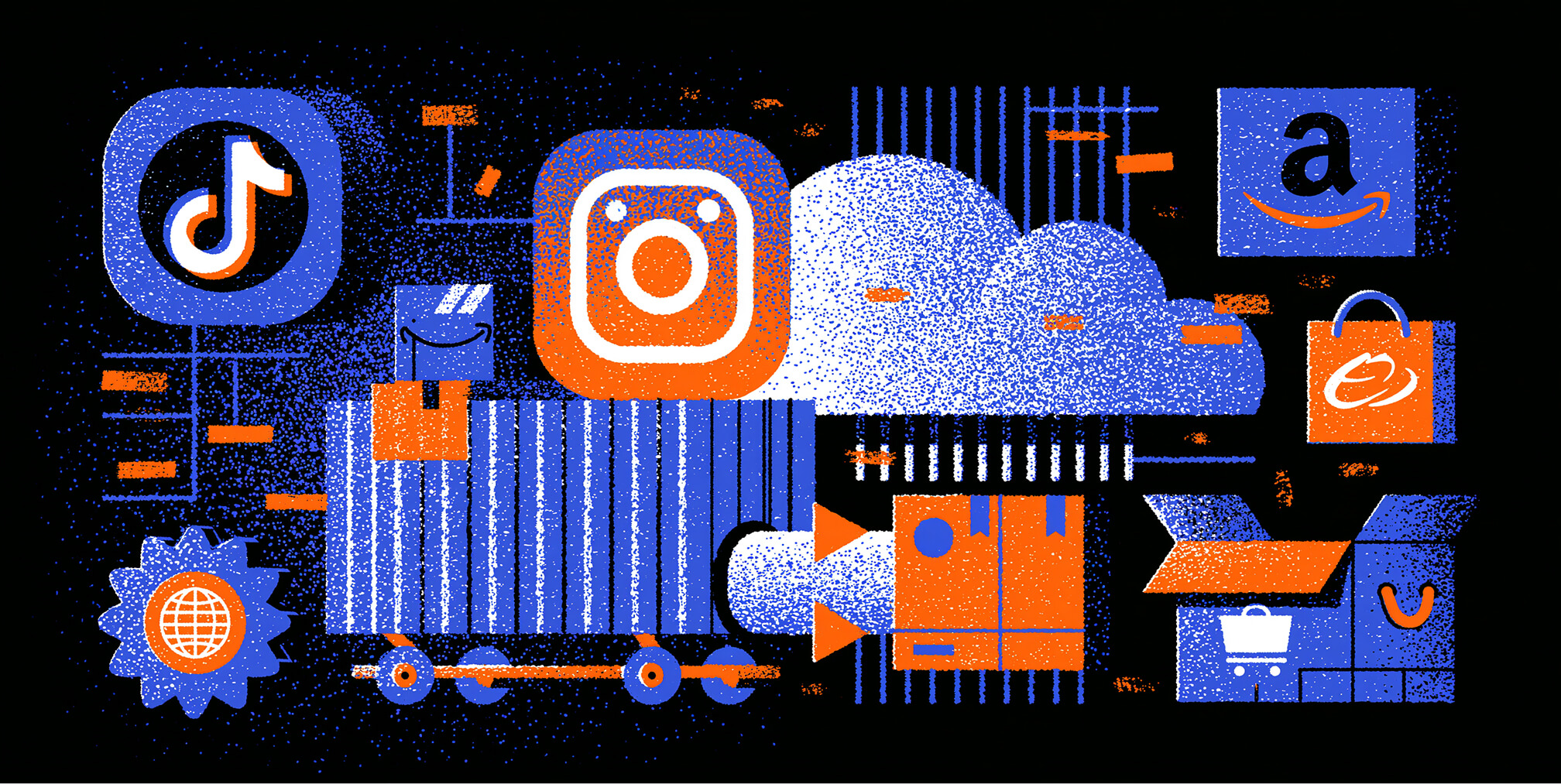 Illustration of distributed global teams collaborating across regions through digital workspaces, shared technology, and centralized brand governance.
