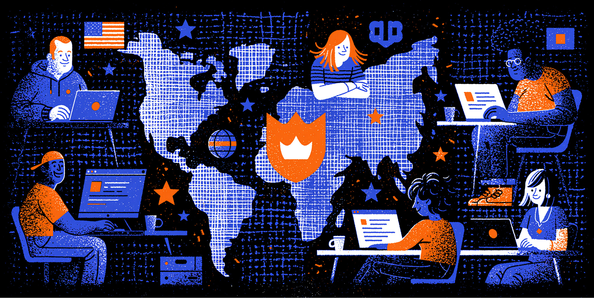 Conceptual illustration of cross-functional brand governance with brand guidelines, digital assets, approvals, marketing templates, and compliance workflows organized around a unified brand identity.