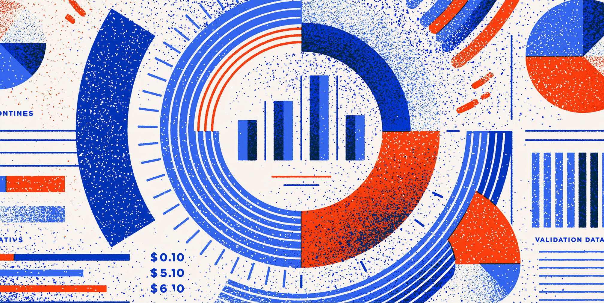 Conceptual illustration of operational value modeling, combining dashboards, bar charts, pie charts, and circular analytics to visualize business performance, ROI measurement, and strategic decision-making.