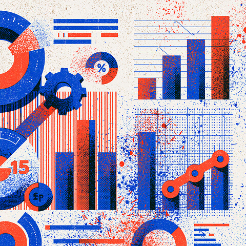 Conceptual illustration of value optimization using charts, graphs, percentages, and process gears to represent operational efficiency, financial performance, and continuous improvement.