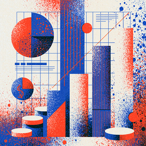Abstract visualization of business metrics using bar charts, pie charts, and data grids to represent performance analysis and operational measurement.