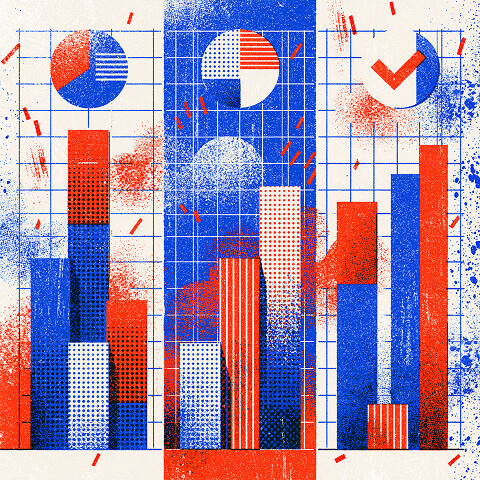 Illustration of comparative business analytics featuring multiple bar charts, segmented pie charts, and dashboards that communicate KPI tracking and performance benchmarking.