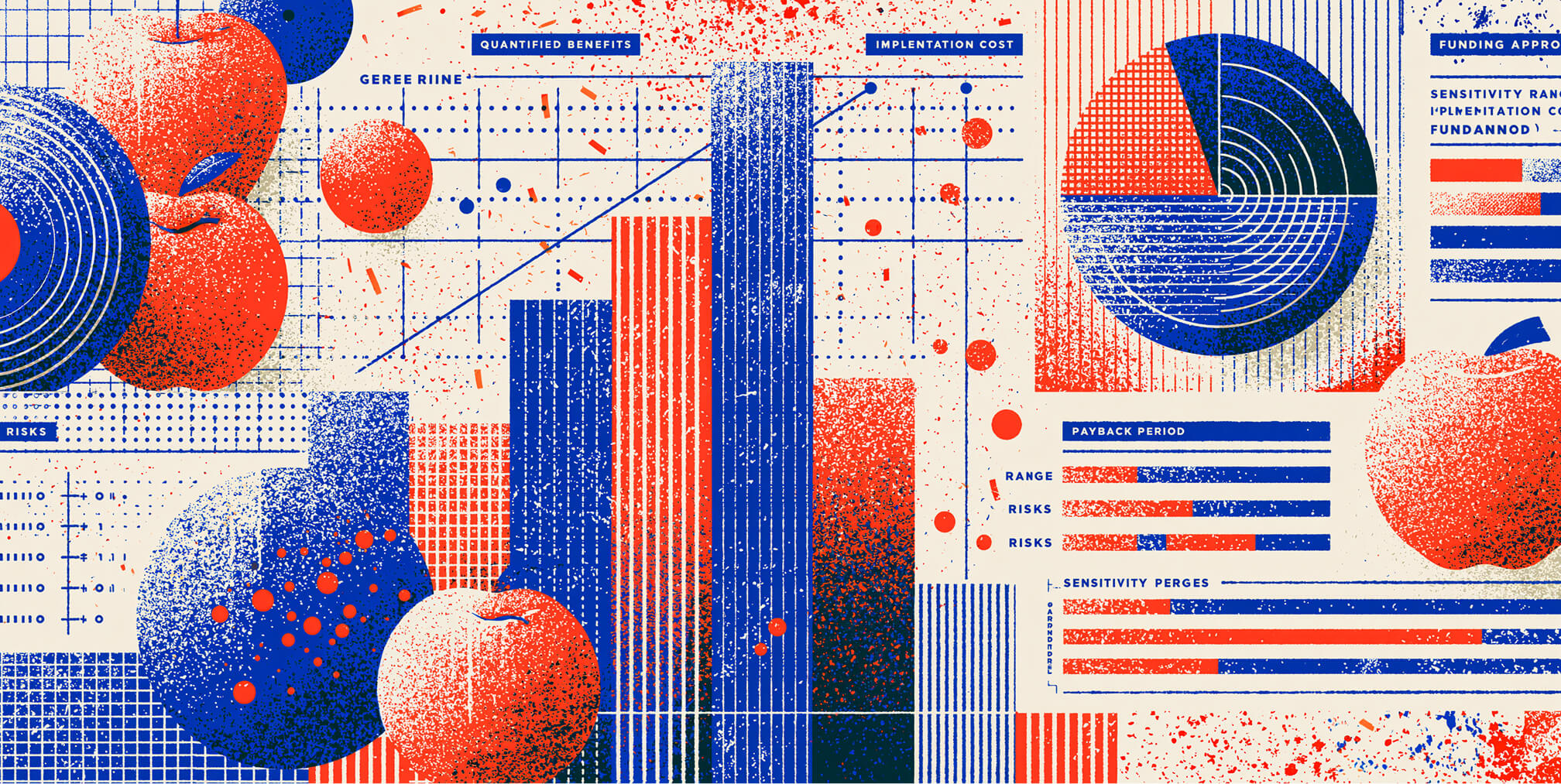 Conceptual illustration of business value measurement combining performance charts, financial dashboards, ROI metrics, and operational analytics to visualize strategic planning and continuous optimization.