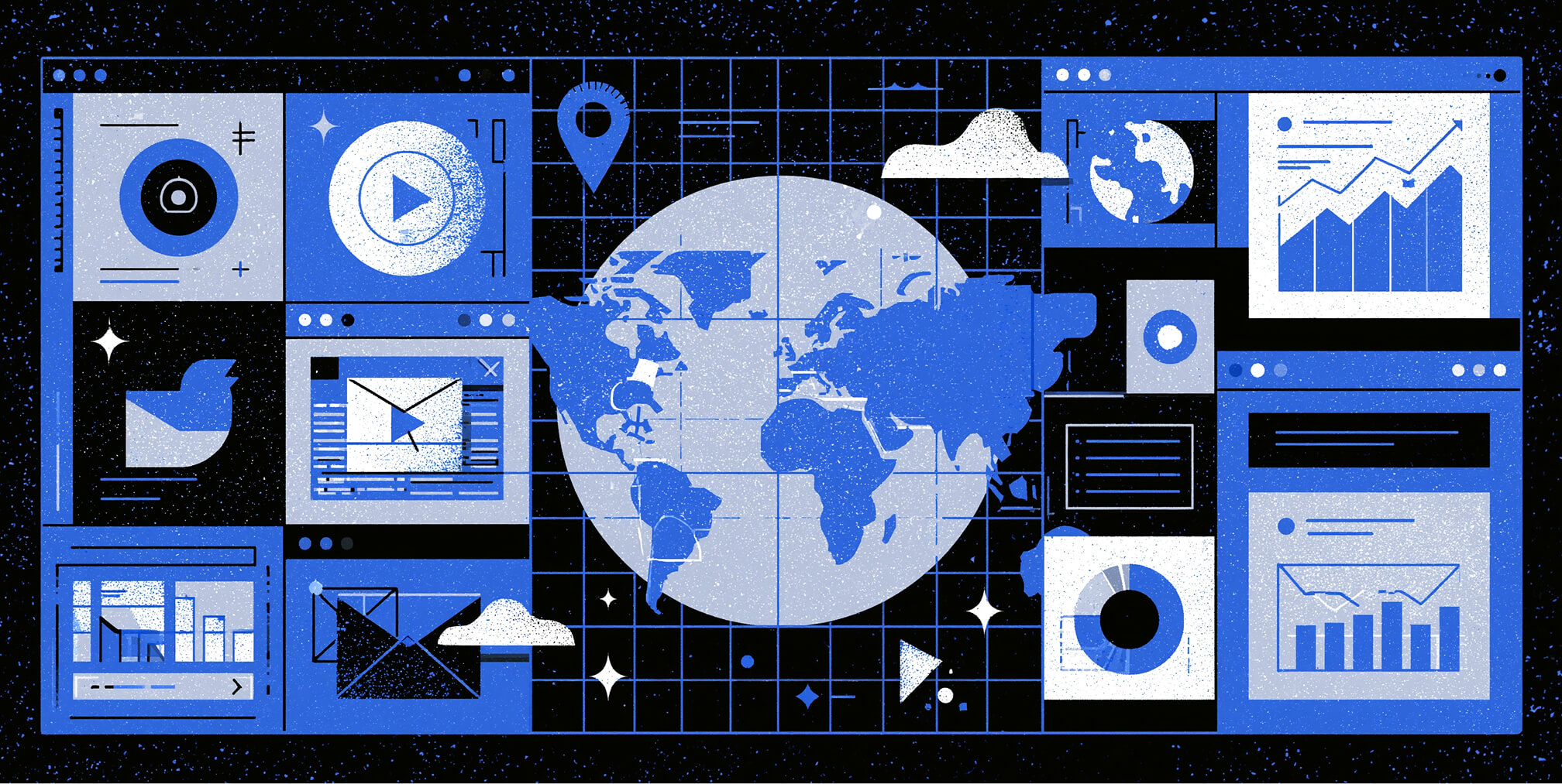 Illustration of a global marketing ecosystem featuring worldwide analytics, digital campaigns, content, email marketing, and performance dashboards connected through a central world map.