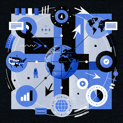 Global marketing network illustration featuring worldwide campaign coordination, performance metrics, audience targeting, and connected digital channels.