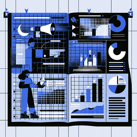 Illustration of marketing strategy and analytics with teams reviewing dashboards, campaign performance, audience insights, and data visualizations to guide decision-making.