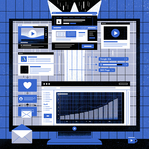 Conceptual illustration of a digital marketing platform showing campaign management, content publishing, analytics, paid advertising, email marketing, and performance reporting.