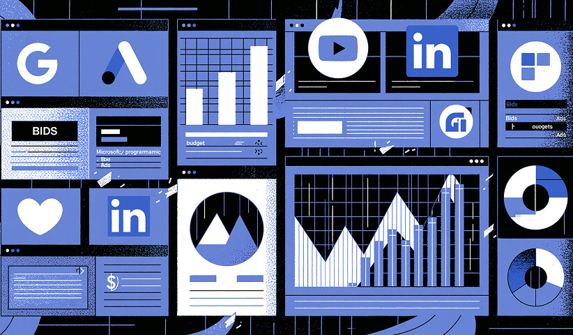 Illustration of a performance marketing dashboard displaying advertising platforms, campaign analytics, conversion tracking, audience engagement, and business growth metrics.
