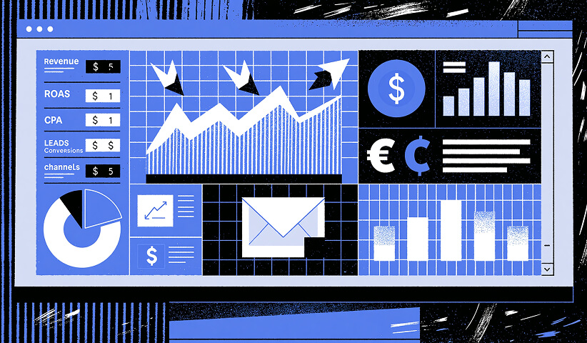 Illustration of marketing performance analytics featuring revenue growth, return on ad spend (ROAS), campaign reporting, and conversion dashboards.