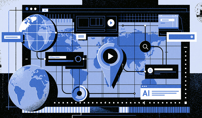 Conceptual illustration of AI-powered global marketing with connected data sources, geographic targeting, search optimization, automation, and digital campaign management.