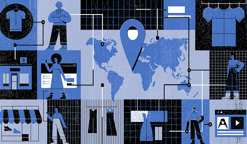 Illustration of international retail marketing showing global store locations, customer touchpoints, ecommerce, merchandising, and regional market expansion.