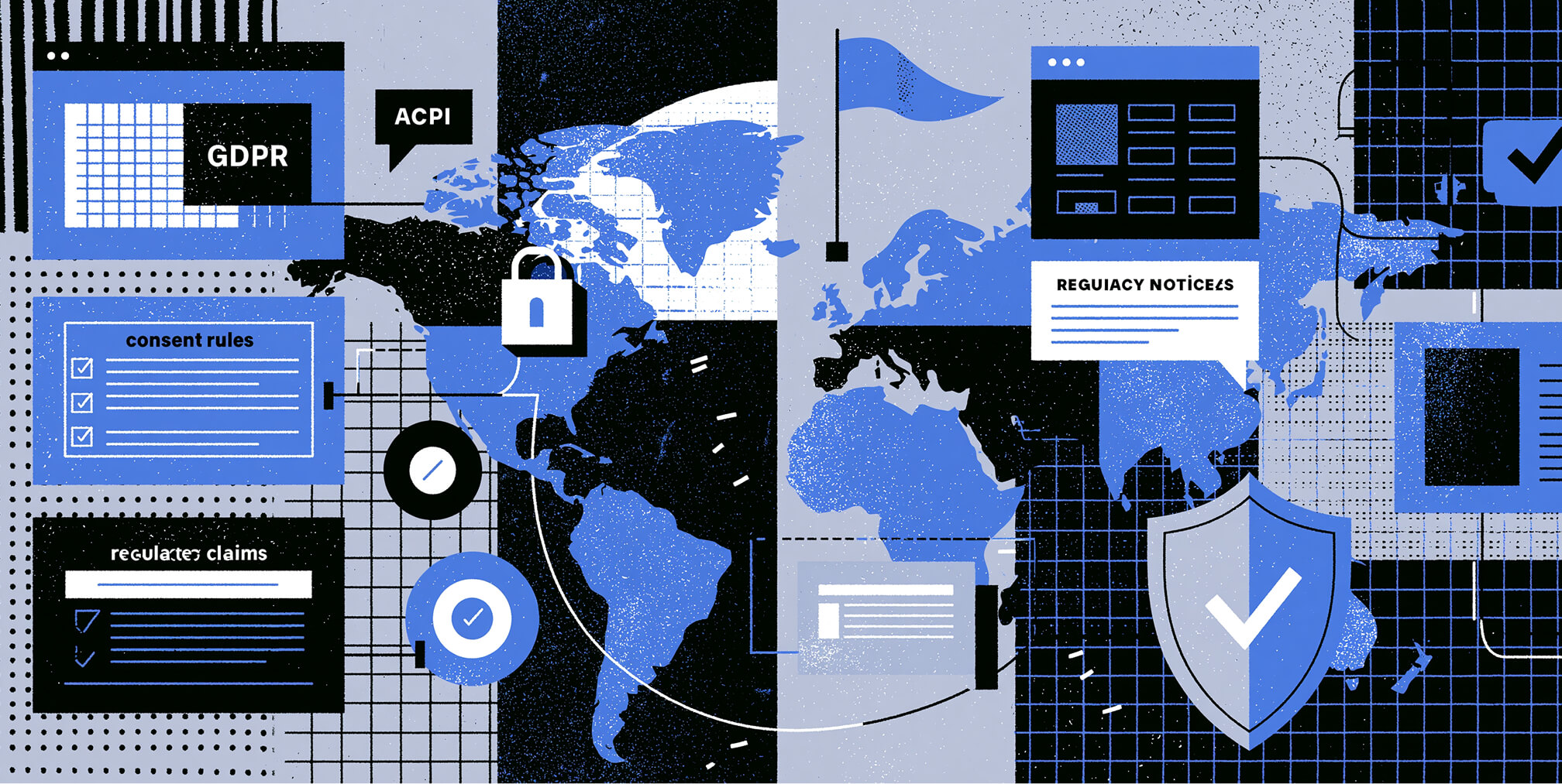 Conceptual illustration of international marketing compliance featuring global privacy regulations, consent management, governance, security, and regional marketing standards across worldwide markets.