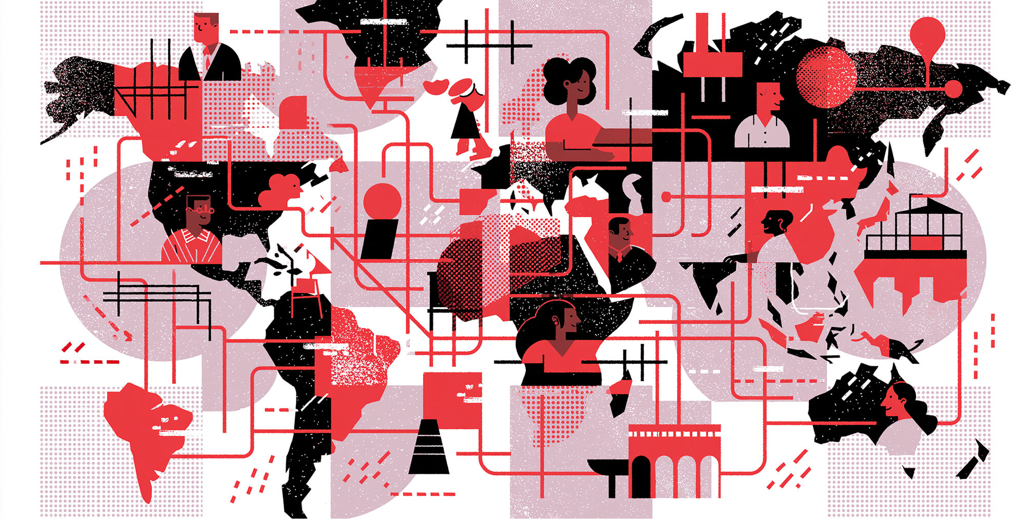 Conceptual illustration of global business expansion featuring interconnected world maps, international teams, trade routes, and worldwide market collaboration.