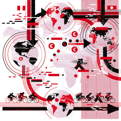Illustration of global commerce featuring interconnected world maps, international currencies, trade networks, and cross-border economic activity.