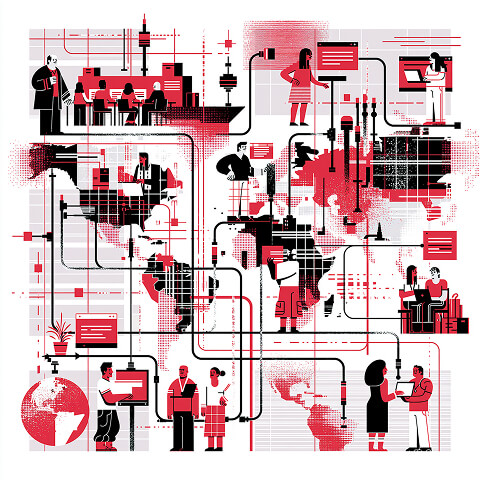 Illustration of international business operations showing global teams, regional offices, market expansion, and connected cross-border workflows.