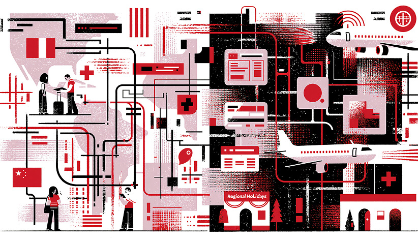 Illustration of international market operations showing regional healthcare, digital infrastructure, transportation, and localized business coordination.