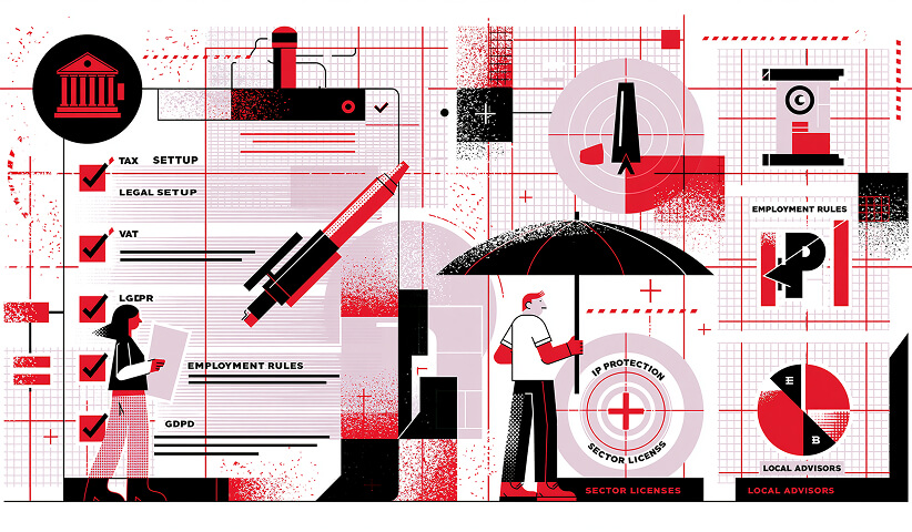 Illustration of global market entry strategy featuring legal compliance, tax planning, intellectual property protection, licensing, and international business regulations.