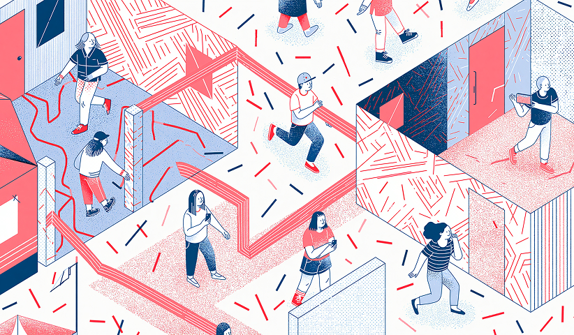 Illustration of event production featuring stage design, audiovisual equipment, lighting, creative direction, and behind-the-scenes activation planning.