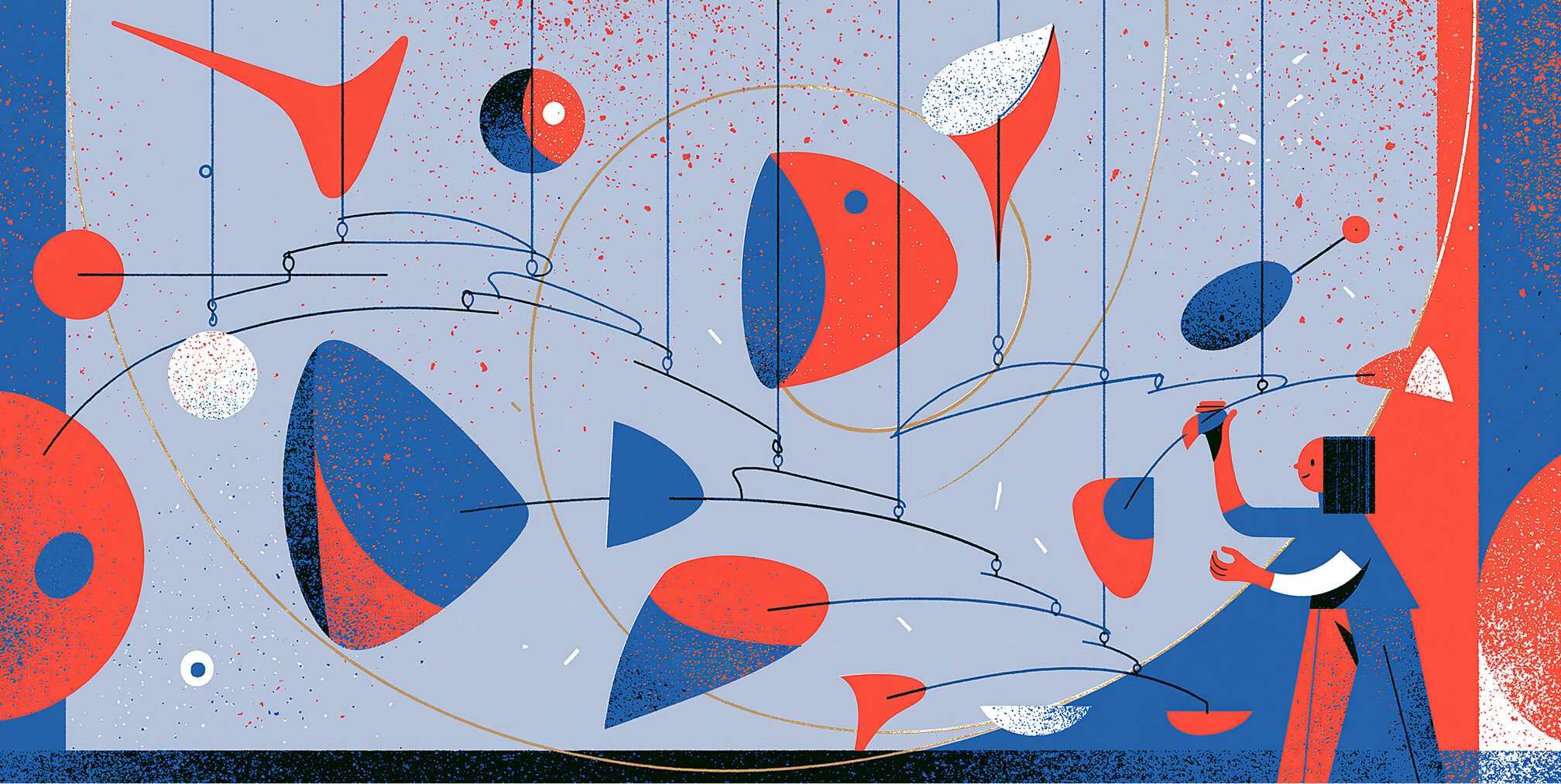 Abstract illustration of the branding process featuring a designer balancing shapes in a mobile sculpture, symbolizing strategy, creativity, refinement, and brand development.