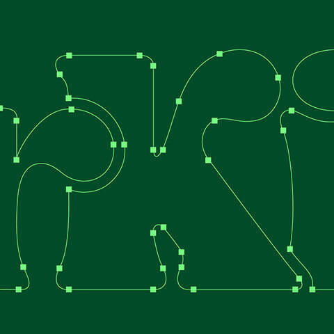 Close-up of vector typography being refined with Bézier curves, illustrating logo design, custom lettering, and precision in brand identity creation.