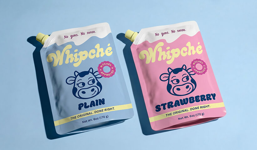 Whipché product packaging featuring branded squeeze pouches, showcasing consistent packaging design and consumer brand execution.