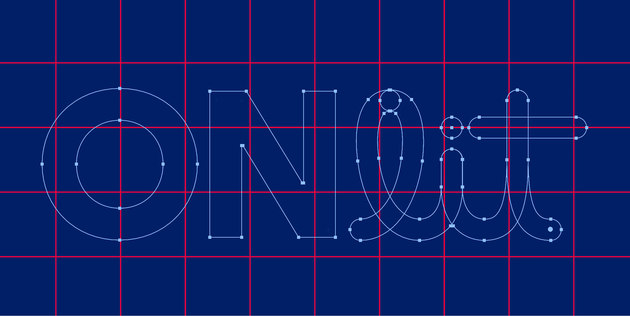 Construction grid displaying the geometric framework behind the OnLit wordmark, illustrating logo construction, typography, and brand system development.