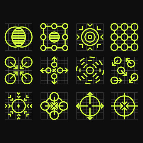 Modular icon exploration using grids and geometric construction, showcasing consistency across a custom brand icon system.
