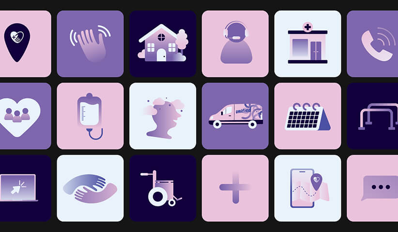 Custom healthcare icon library featuring service, accessibility, and communication symbols designed for a cohesive digital brand experience.