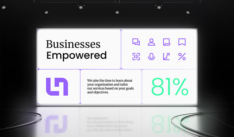 Digital presentation displaying a branded interface with custom icons, typography, and layout components within a modern design system.