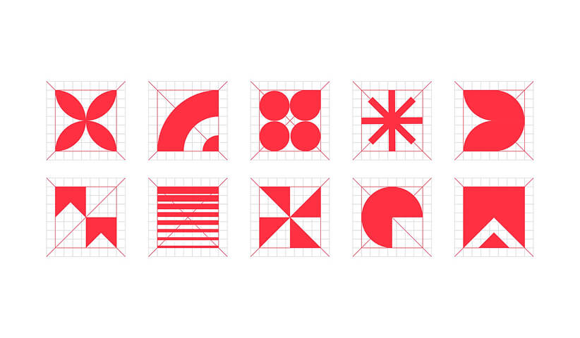 Collection of geometric icon designs built on construction grids, highlighting precision, consistency, and scalable iconography.