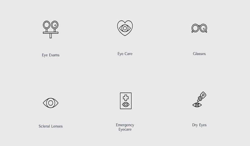 Custom line icon set for eye care services, representing treatments, exams, eyewear, and medical specialties with a unified visual style.