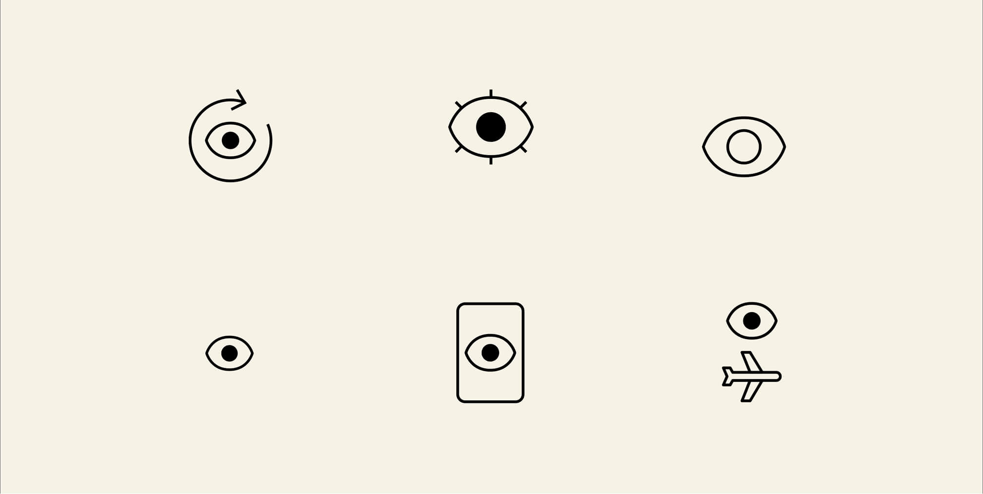 Minimal line icon system for ophthalmology and vision care, featuring custom symbols for eye health, mobile care, travel, and patient services.