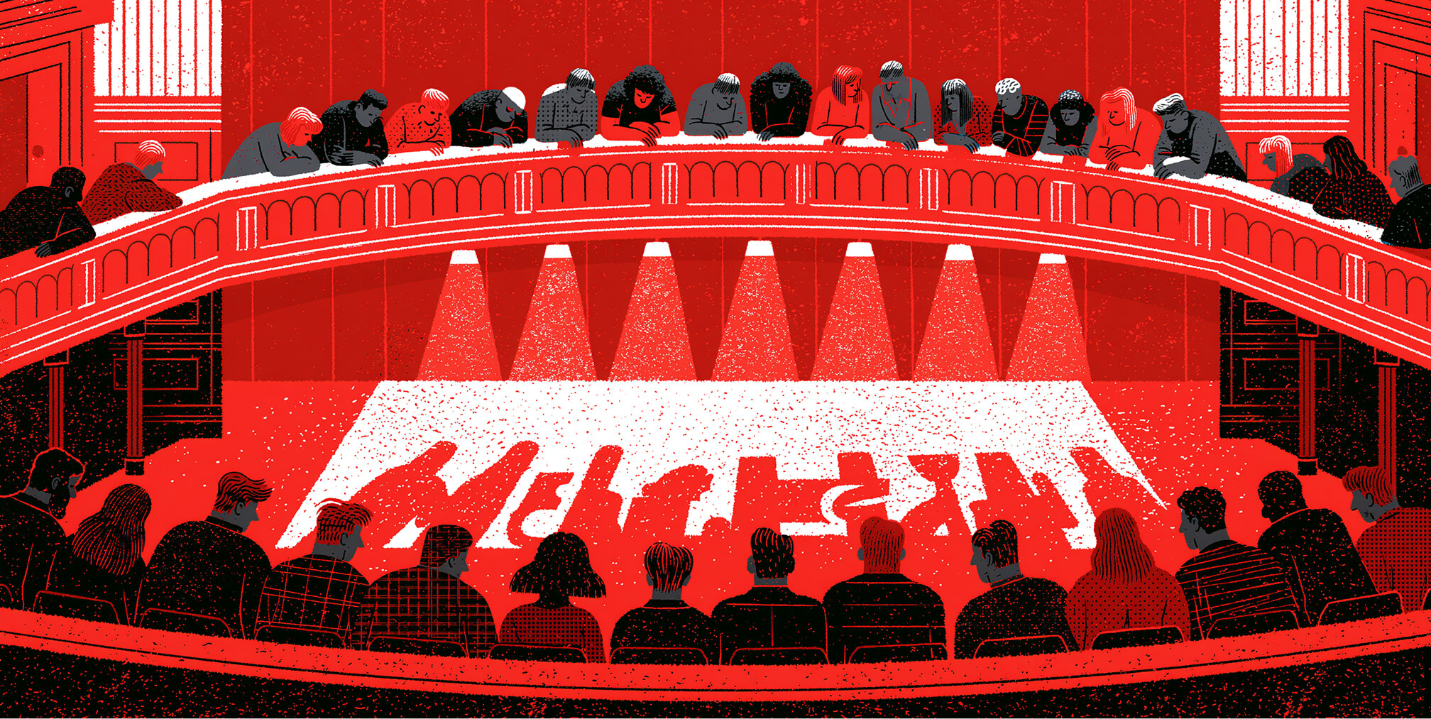 Editorial illustration of an audience gathered around a theater stage displaying the word "Merhaba," symbolizing how storytelling brings communities together and creates memorable brand experiences.