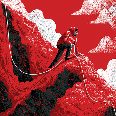 Illustrated climber standing on a mountain ledge with a rope, symbolizing resilience, ambition, and brands that inspire customers to overcome challenges.