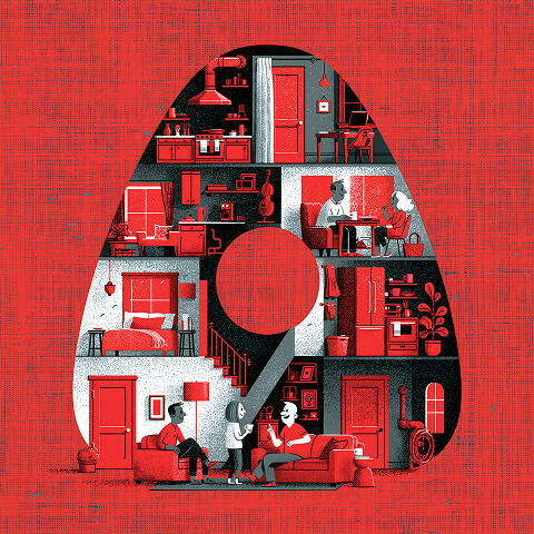 Cross-section illustration of a home shaped like the Airbnb logo, depicting people living, connecting, and creating experiences within a shared space.