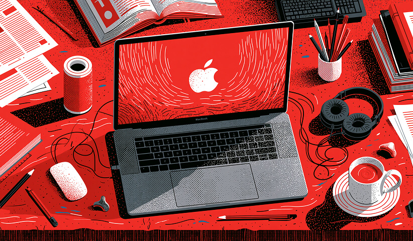 Workspace illustration featuring a MacBook at the center of books, coffee, and creative tools, representing Apple's role in creativity, productivity, and design culture.