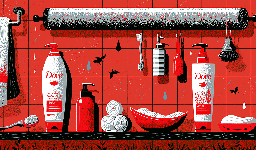 Stylized bathroom shelf featuring Dove personal care products arranged as a thoughtful daily routine, emphasizing trust, care, and everyday brand presence.