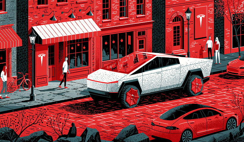 Tesla Cybertruck parked on a city street outside a Tesla showroom, highlighting the brand's futuristic design and disruptive approach to transportation.