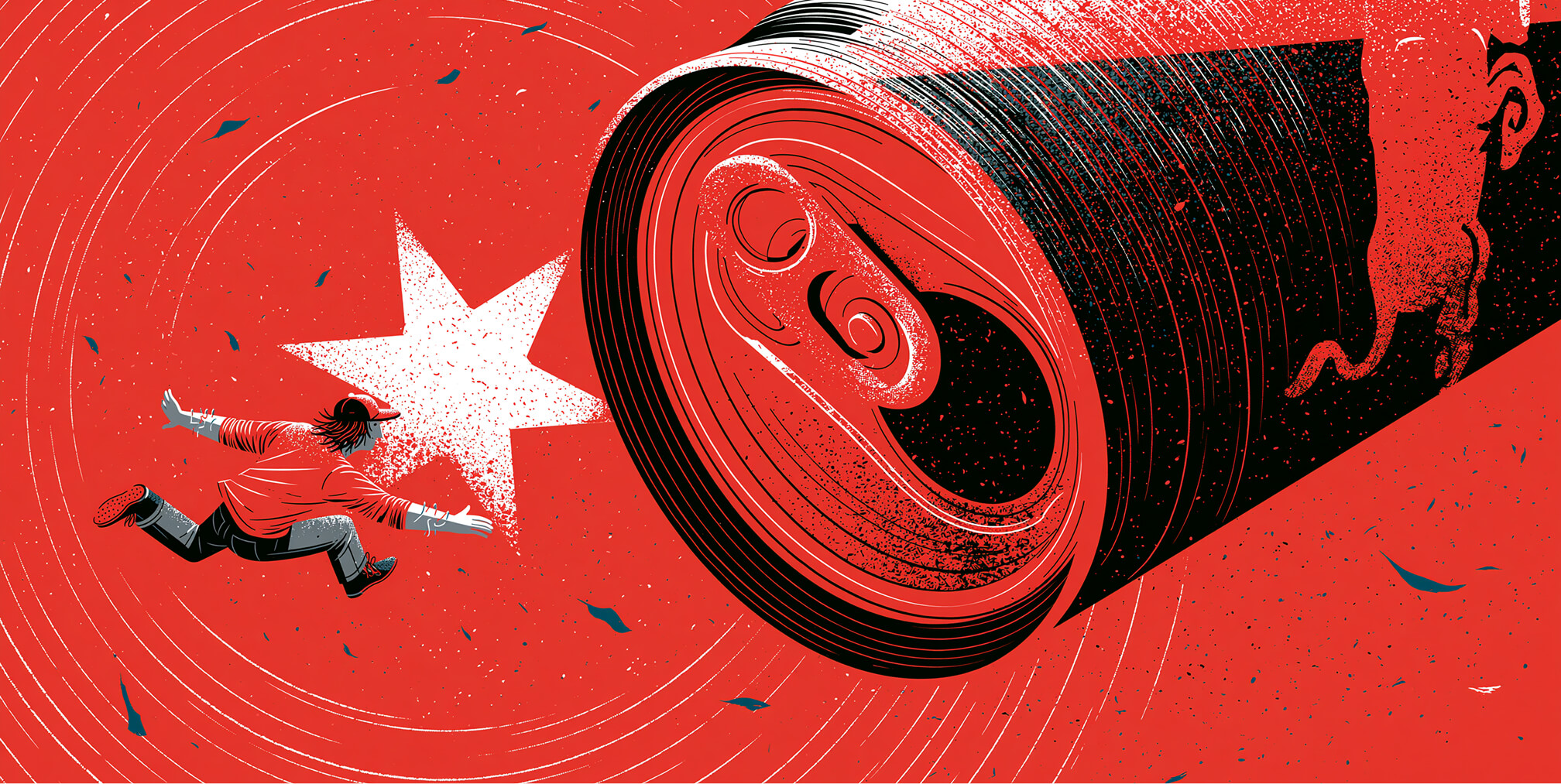 Dynamic illustration of a person being pulled toward a giant soda can, symbolizing Coca-Cola's iconic brand recognition and emotional cultural influence.
