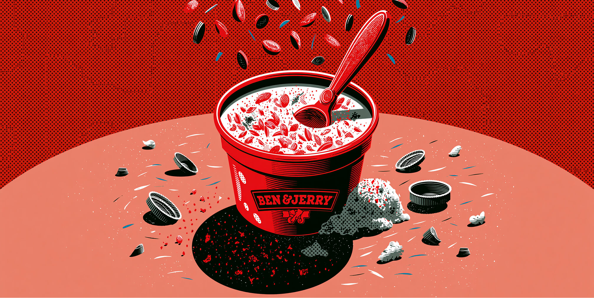 Editorial illustration of a Ben & Jerry's ice cream container with toppings scattered midair, representing playful branding, premium ingredients, and memorable product storytelling.