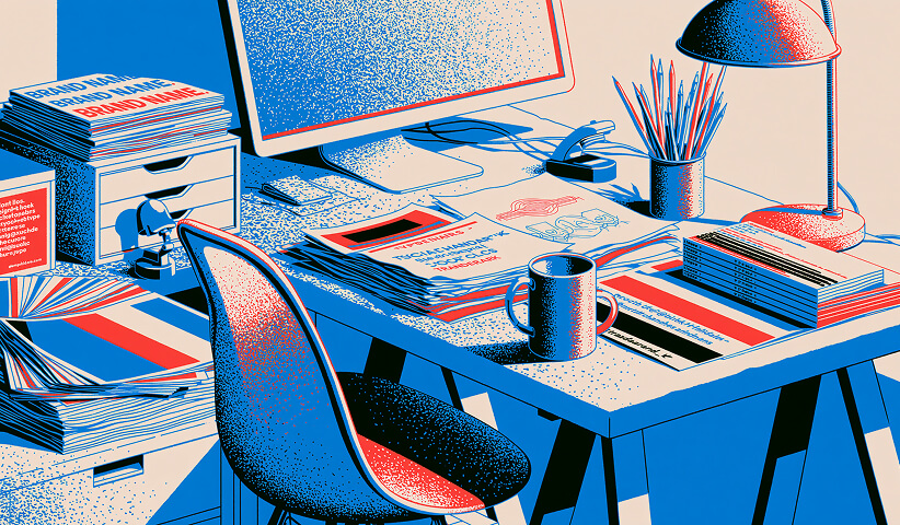 Organized creative workspace with branding books, color samples, sketches, and design materials, illustrating the development of a cohesive visual identity.