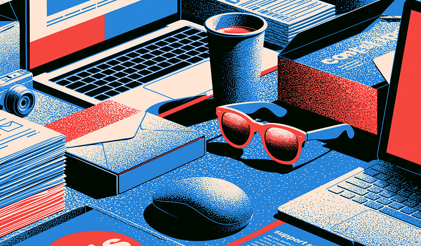 Modern desk featuring laptops, notebooks, sunglasses, and creative tools, representing the everyday execution of branding across digital and physical touchpoints.