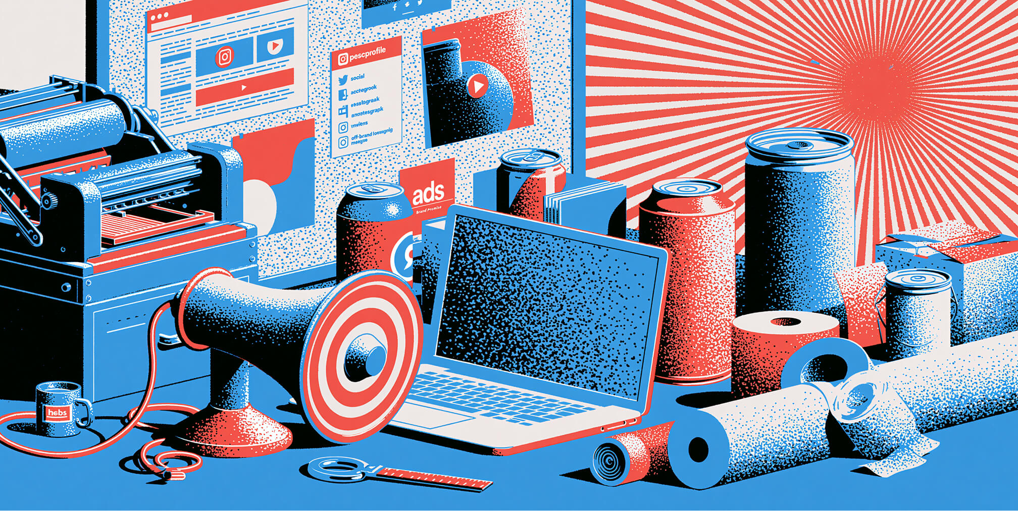 Collection of marketing tools including a printing press, laptop, megaphone, packaging, and social media assets, representing the integrated channels used to launch and grow a successful brand.